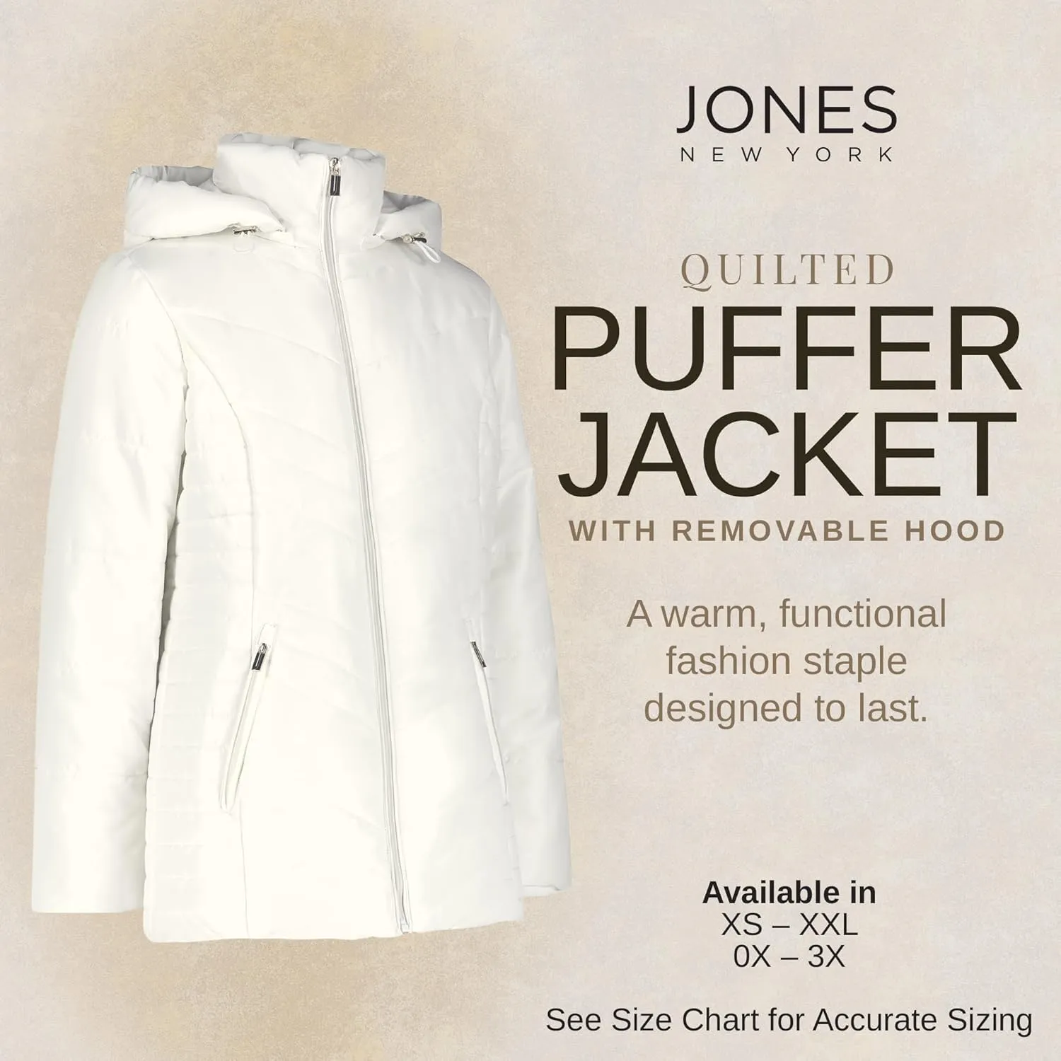 Jones NY Women's Puffer Jacket Zippered Removable Bungee Hood Womens Winter Coat
