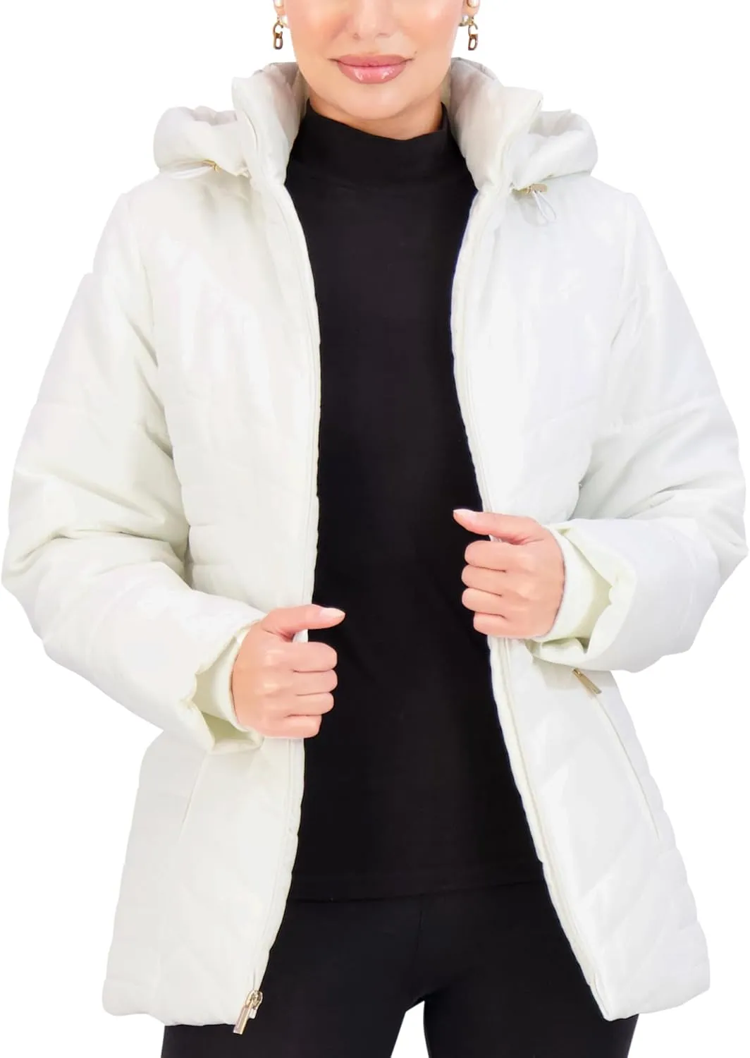 Jones NY Women's Puffer Jacket Zippered Removable Bungee Hood Womens Winter Coat