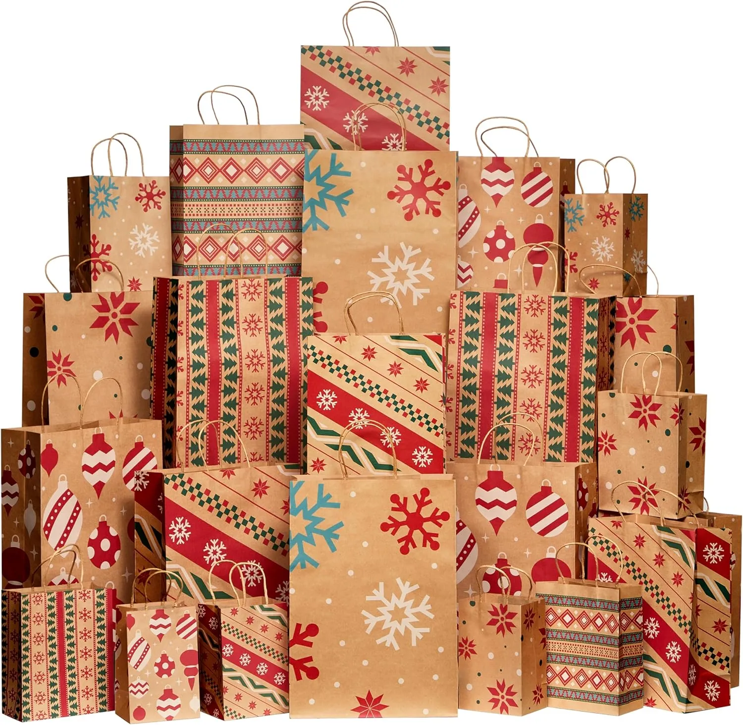 JOYIN 24 PCS Christmas Kraft Gift Bags with Festive Designs for Holiday Paper Gift Bags, Classrooms and Party Favors