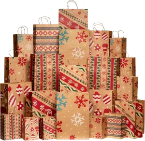 JOYIN 24 PCS Christmas Kraft Gift Bags with Festive Designs for Holiday Paper Gift Bags, Classrooms and Party Favors