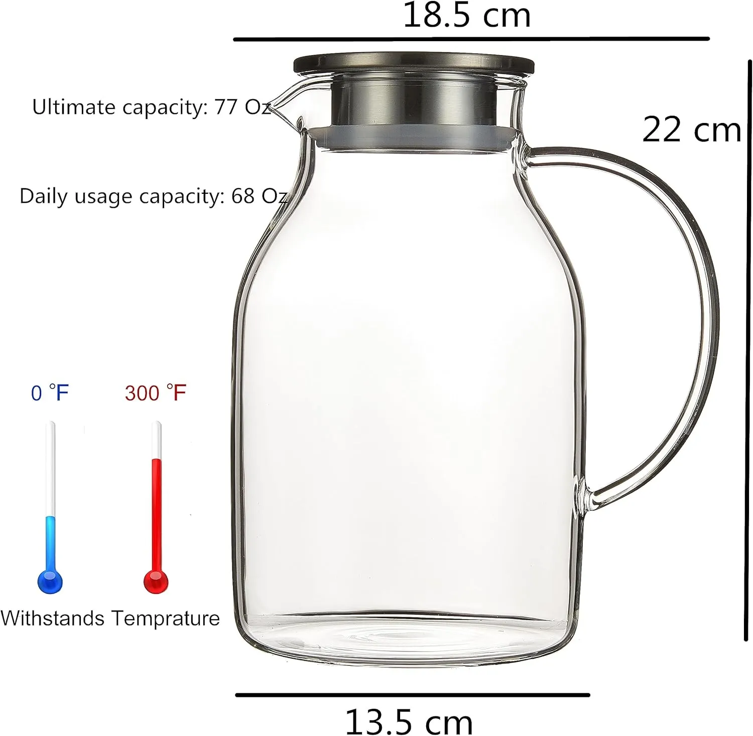 Karafu Glass Pitcher with Lid, 68Oz Heat Resistant Water Jug for Hot/Cold Water, Ice tea and Juice Beverage Clear