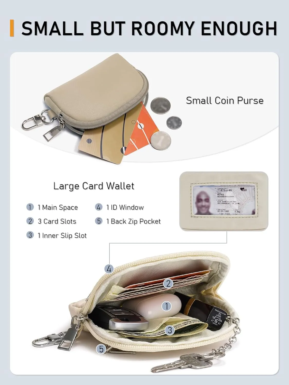 Keychain Wallet Mini Zip Around Dual Pouch Wristlet Detachable Coin Purse for Women and Men with Phone Tether Tab