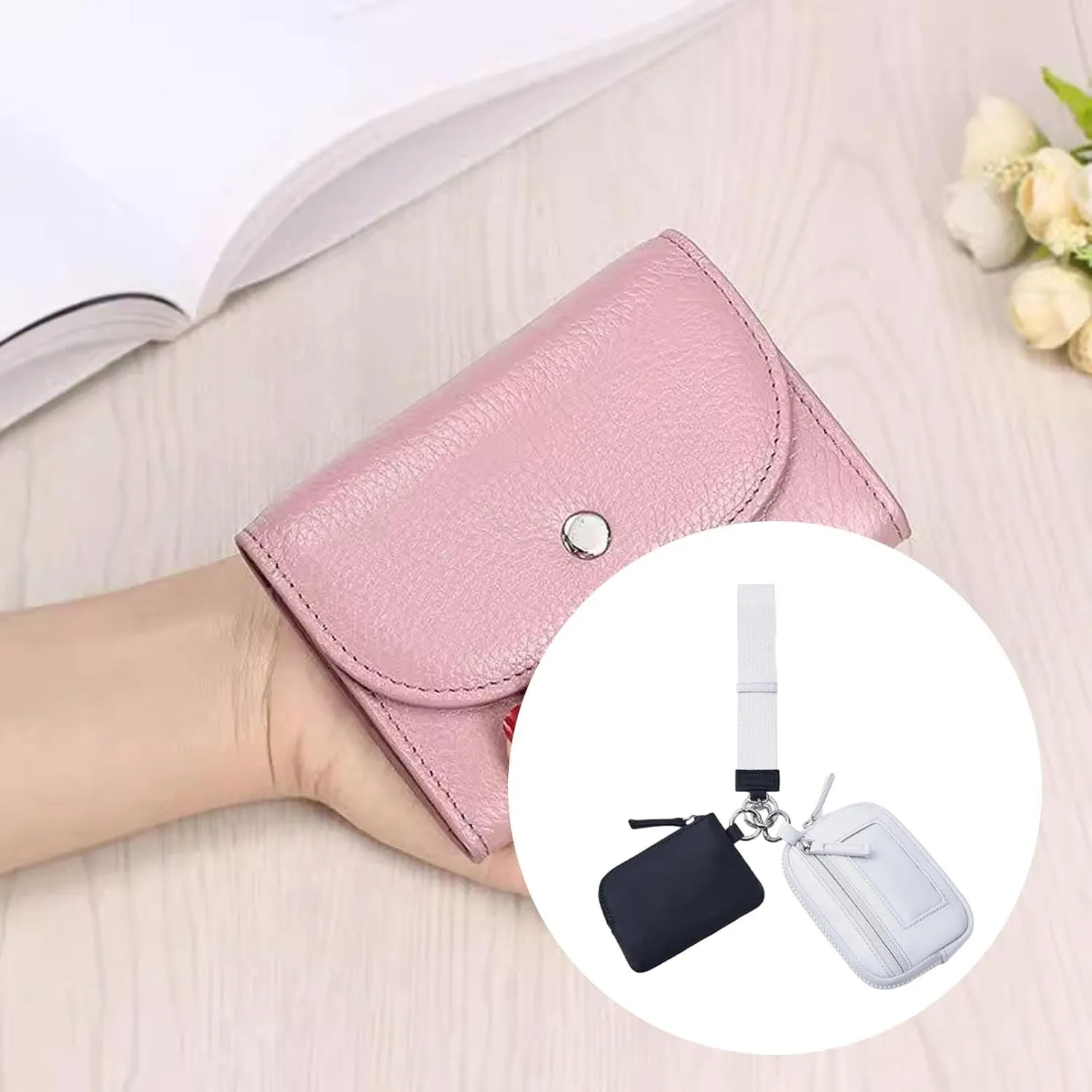 Keychain Wristlet Wallet Double Pouch Key Chain Bag Elegant Women Men Purse for Beach Shopping Holidays Valentines Gift Travel, Black Gray