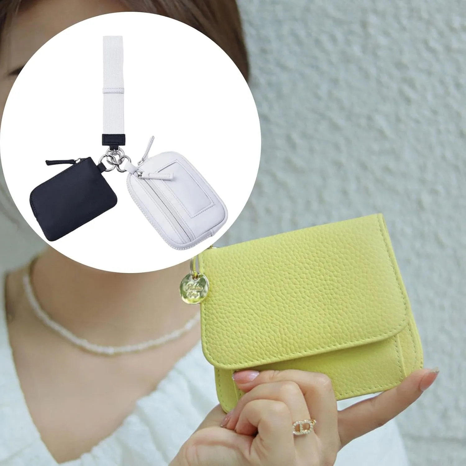 Keychain Wristlet Wallet Double Pouch Key Chain Bag Elegant Women Men Purse for Beach Shopping Holidays Valentines Gift Travel, Black Gray