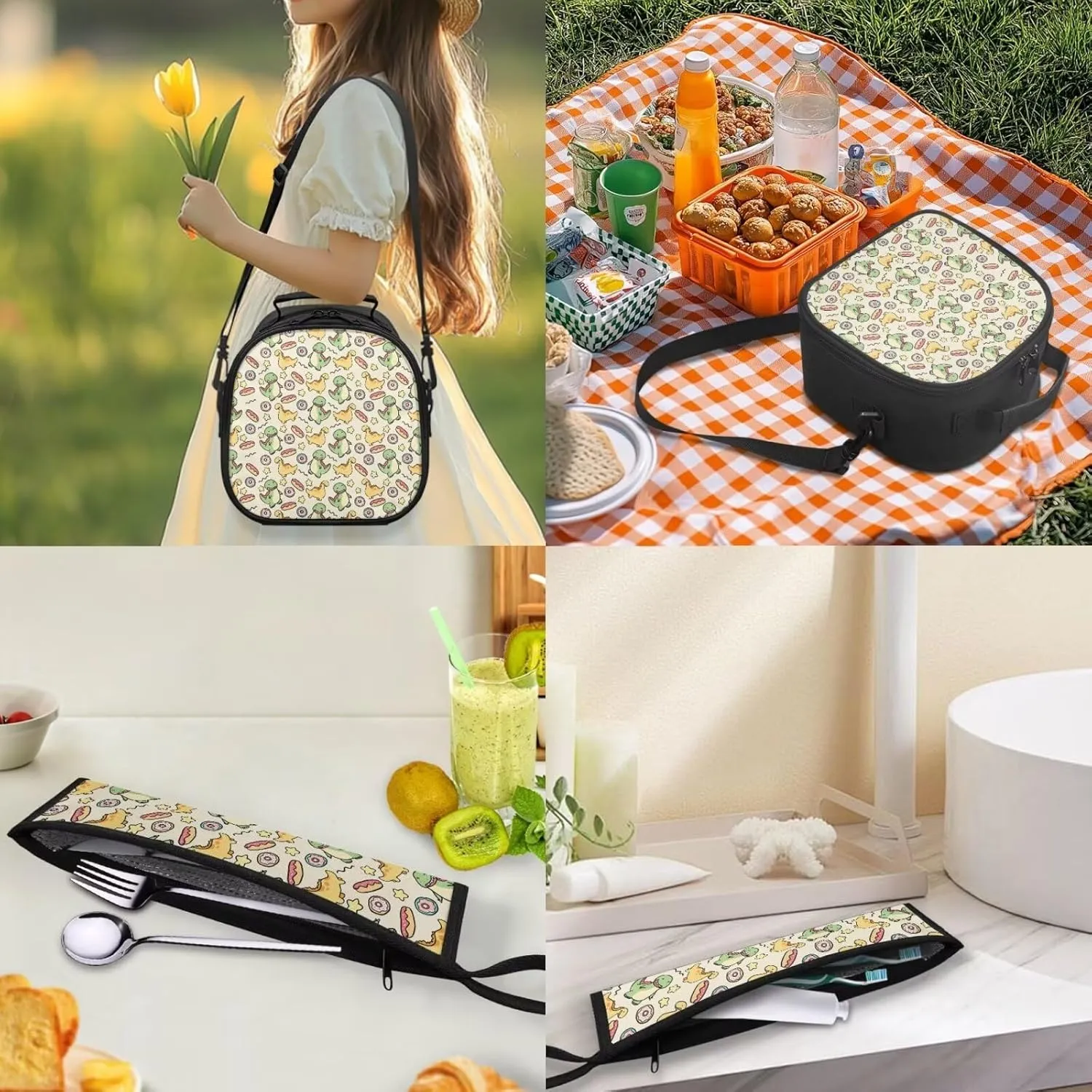 Kids Lunch Bag Dinosaur Pattern Small Crossbody Lunch Tote for Girls with Adjustable Strap Tableware Box for Fork Spoon 2 Pack Lunch Tote Bag for School Walking