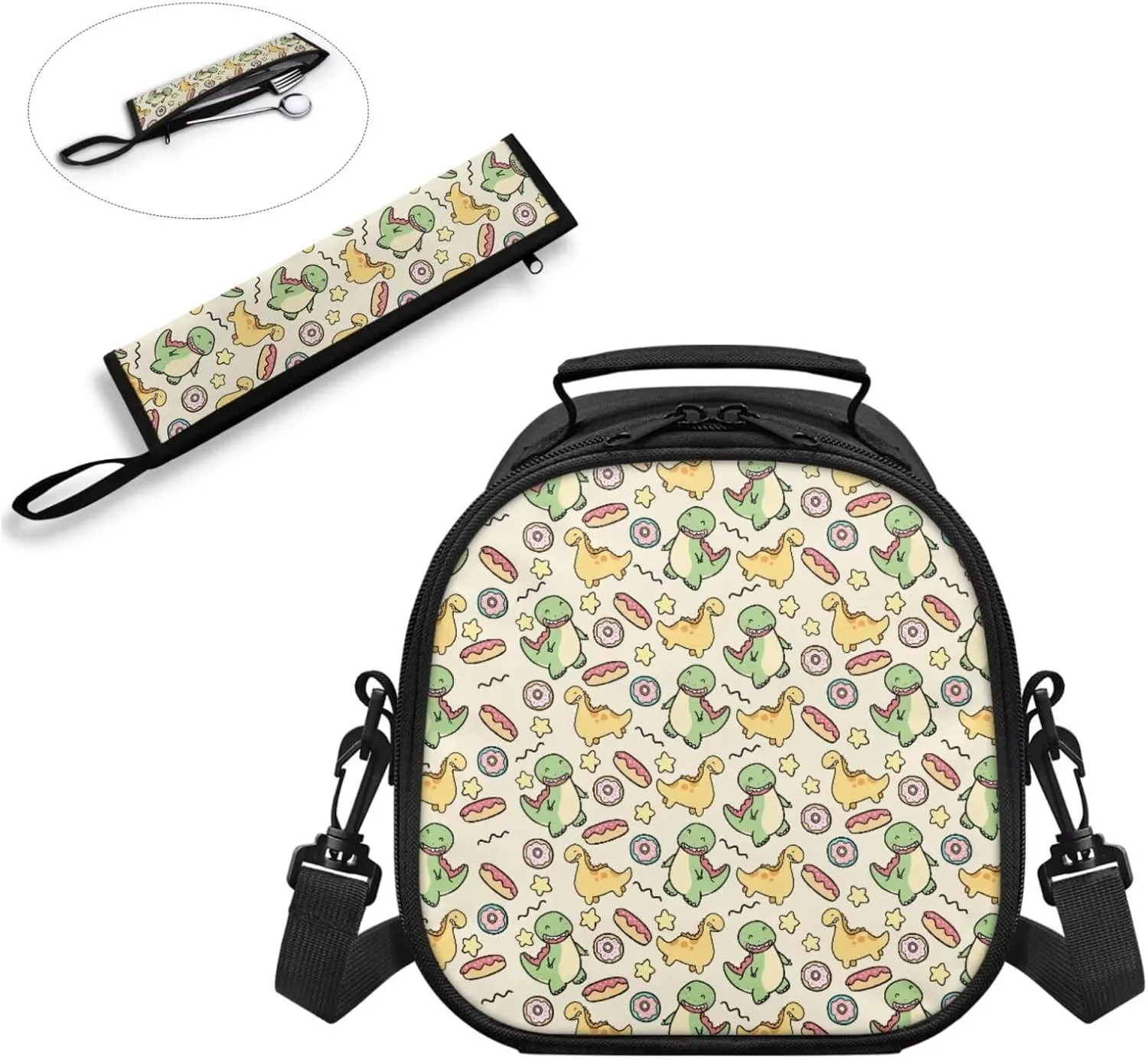 Kids Lunch Bag Dinosaur Pattern Small Crossbody Lunch Tote for Girls with Adjustable Strap Tableware Box for Fork Spoon 2 Pack Lunch Tote Bag for School Walking