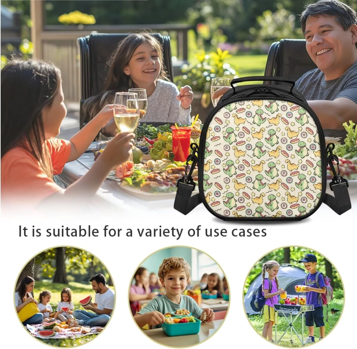 Kids Lunch Bag Dinosaur Pattern Small Crossbody Lunch Tote for Girls with Adjustable Strap Tableware Box for Fork Spoon 2 Pack Lunch Tote Bag for School Walking