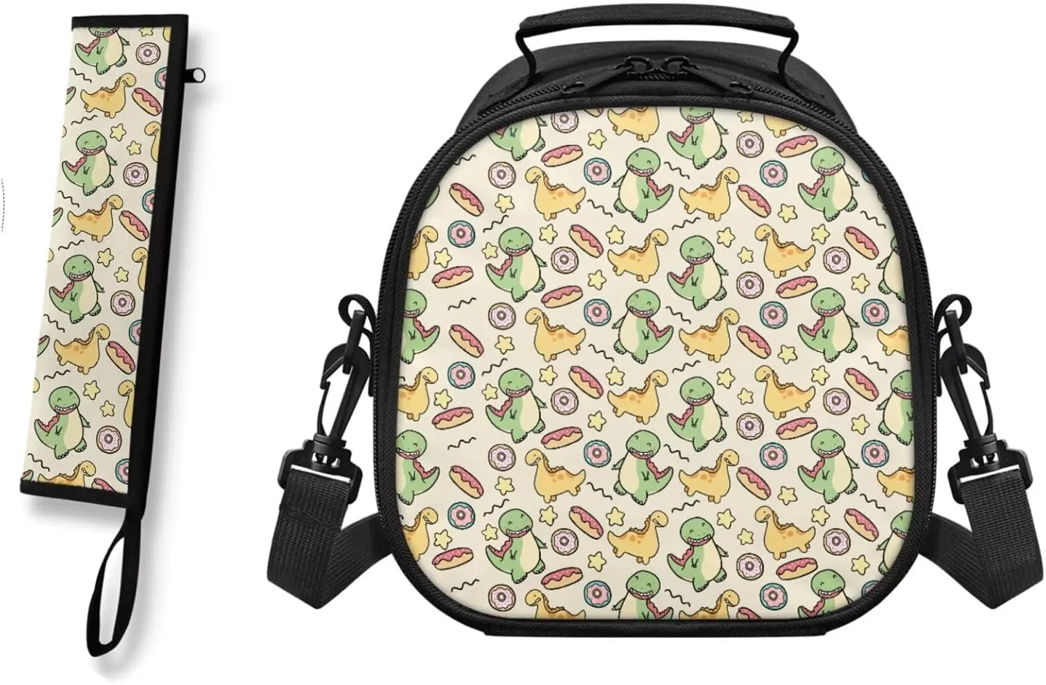 Kids Lunch Bag Dinosaur Pattern Small Crossbody Lunch Tote for Girls with Adjustable Strap Tableware Box for Fork Spoon 2 Pack Lunch Tote Bag for School Walking