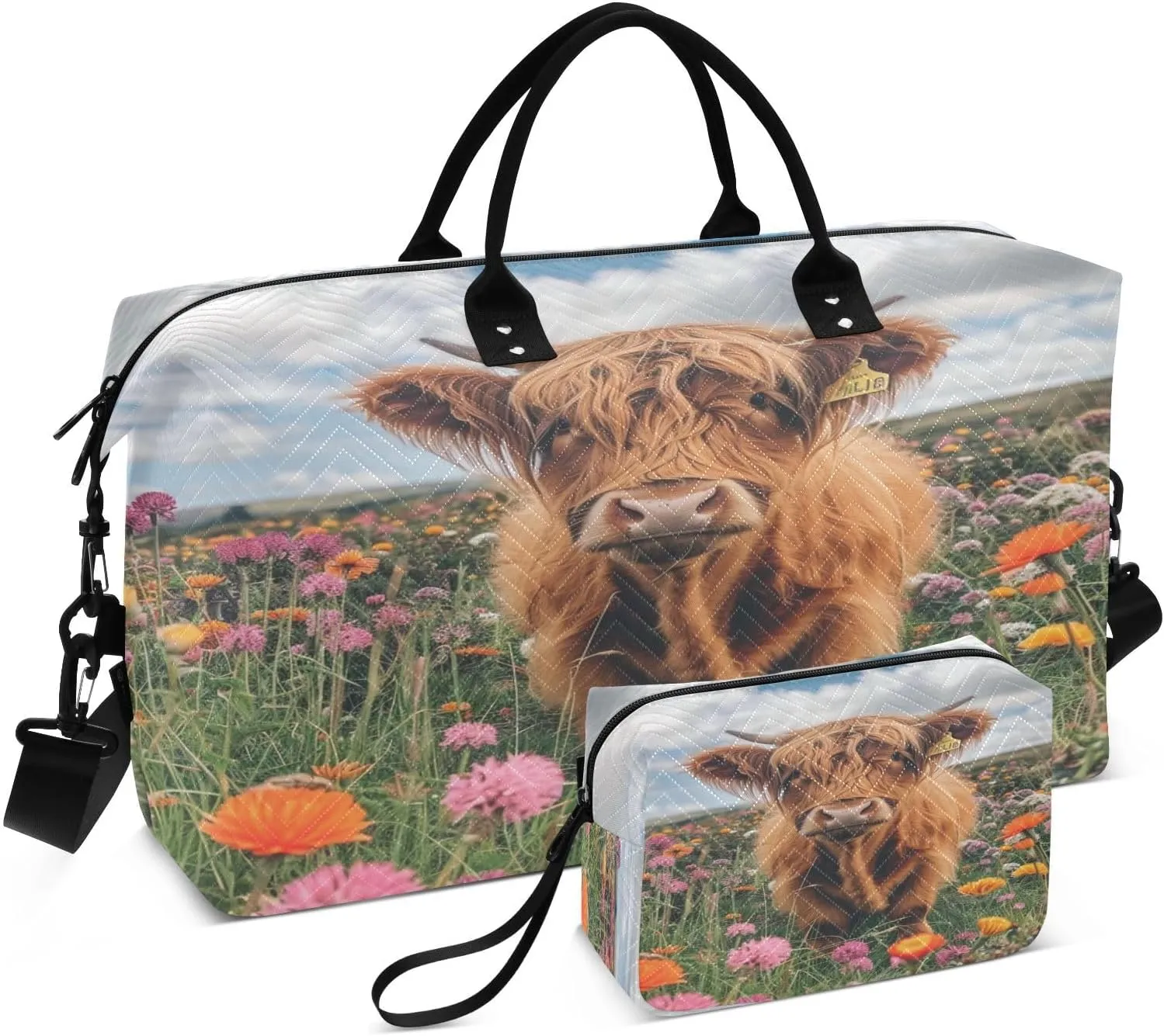 Kigai Beautiful Highland Cattle Cow Travel Duffel Bags 2PCS,Sports Duffel Bags for Men Women,Weekender Overnight Bag Gym Tote Bag with Toiletry Bag