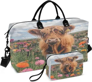 Kigai Beautiful Highland Cattle Cow Travel Duffel Bags 2PCS,Sports Duffel Bags for Men Women,Weekender Overnight Bag Gym Tote Bag with Toiletry Bag