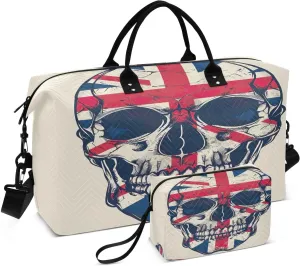 Kigai British Flag Style Skull Travel Duffel Bags 2PCS,Sports Duffel Bags for Men Women,Weekender Overnight Bag Gym Tote Bag with Toiletry Bag