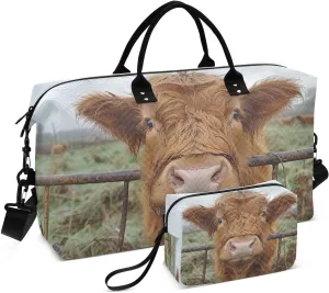 Kigai Cute Highland Cattle Travel Duffel Bags 2PCS,Sports Duffel Bags for Men Women,Weekender Overnight Bag Gym Tote Bag with Toiletry Bag