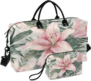 Kigai Foldable Travel Duffel Bags,Beautiful Lily Flowers Sports Duffel Bags for Men Women,Weekender Overnight Bag Gym Tote Bag with Toiletry Bag