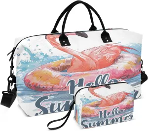 Kigai Foldable Travel Duffel Bags,Dwarf Old Man and Flamingo Sports Duffel Bags for Men Women,Weekender Overnight Bag Gym Tote Bag with Toiletry Bag