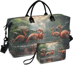 Kigai Foldable Travel Duffel Bags,Dwarf Old Man and Flamingo Sports Duffel Bags for Men Women,Weekender Overnight Bag Gym Tote Bag with Toiletry Bag
