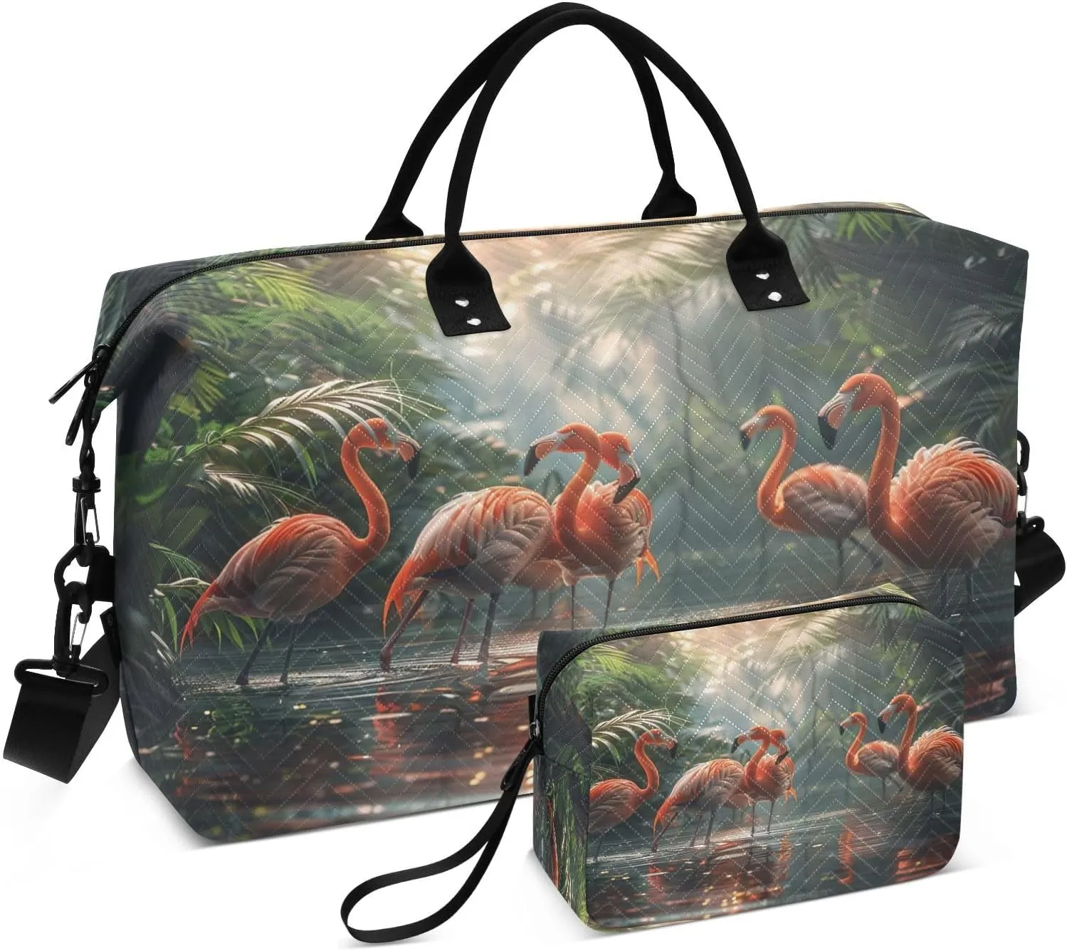 Kigai Foldable Travel Duffel Bags,Dwarf Old Man and Flamingo Sports Duffel Bags for Men Women,Weekender Overnight Bag Gym Tote Bag with Toiletry Bag