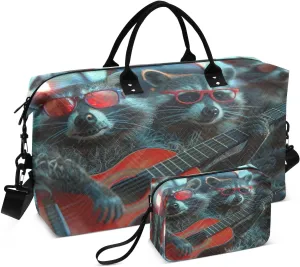 Kigai Foldable Travel Duffel Bags,Raccoon Guitarist Sports Duffel Bags for Men Women,Weekender Overnight Bag Gym Tote Bag with Toiletry Bag
