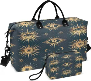 Kigai Mysterious Eye Of The Sun Travel Duffel Bags 2PCS,Sports Duffel Bags for Men Women,Weekender Overnight Bag Gym Tote Bag with Toiletry Bag