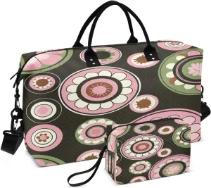 Kigai Retro Style Circular Flowers Travel Duffel Bags 2PCS,Sports Duffel Bags for Men Women,Weekender Overnight Bag Gym Tote Bag with Toiletry Bag