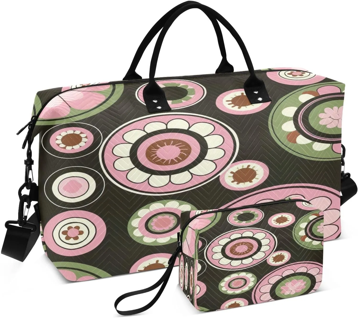 Kigai Retro Style Circular Flowers Travel Duffel Bags 2PCS,Sports Duffel Bags for Men Women,Weekender Overnight Bag Gym Tote Bag with Toiletry Bag