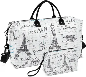 Kigai Sketch Of Paris Tower Travel Duffel Bags 2PCS,Sports Duffel Bags for Men Women,Weekender Overnight Bag Gym Tote Bag with Toiletry Bag
