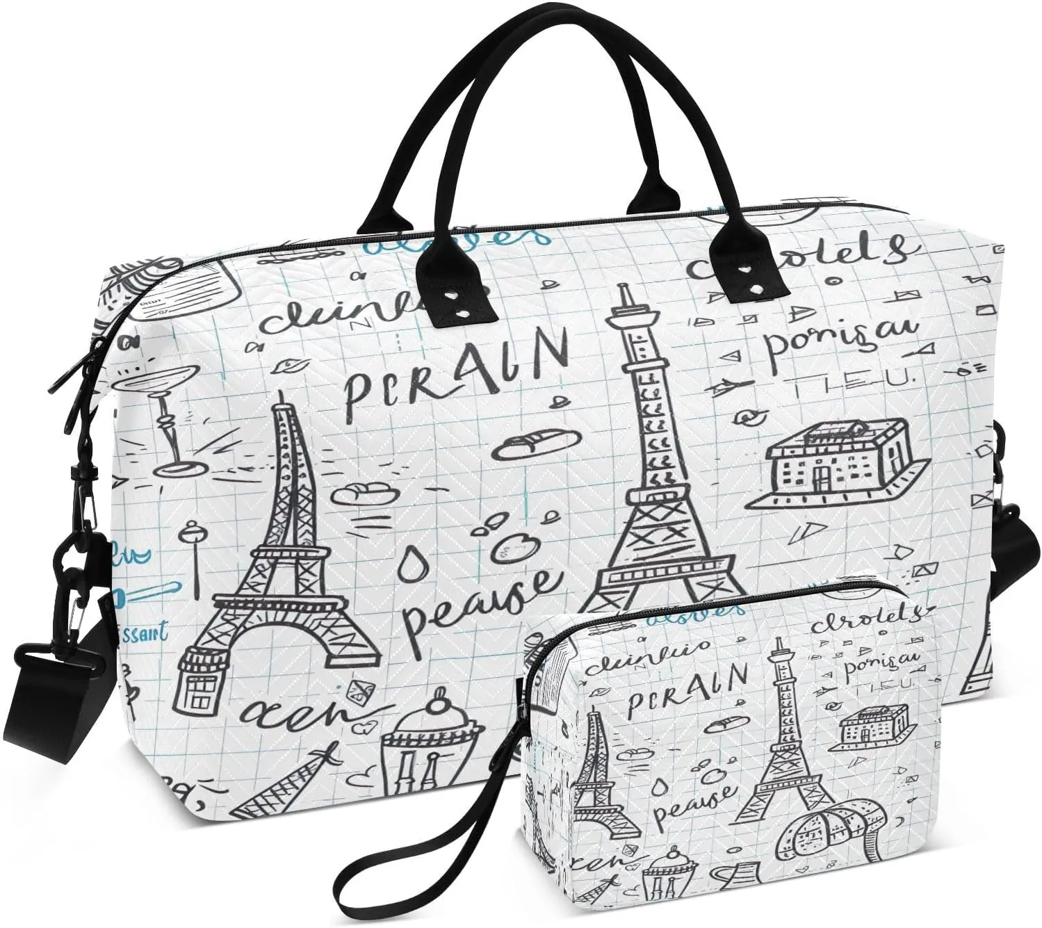 Kigai Sketch Of Paris Tower Travel Duffel Bags 2PCS,Sports Duffel Bags for Men Women,Weekender Overnight Bag Gym Tote Bag with Toiletry Bag