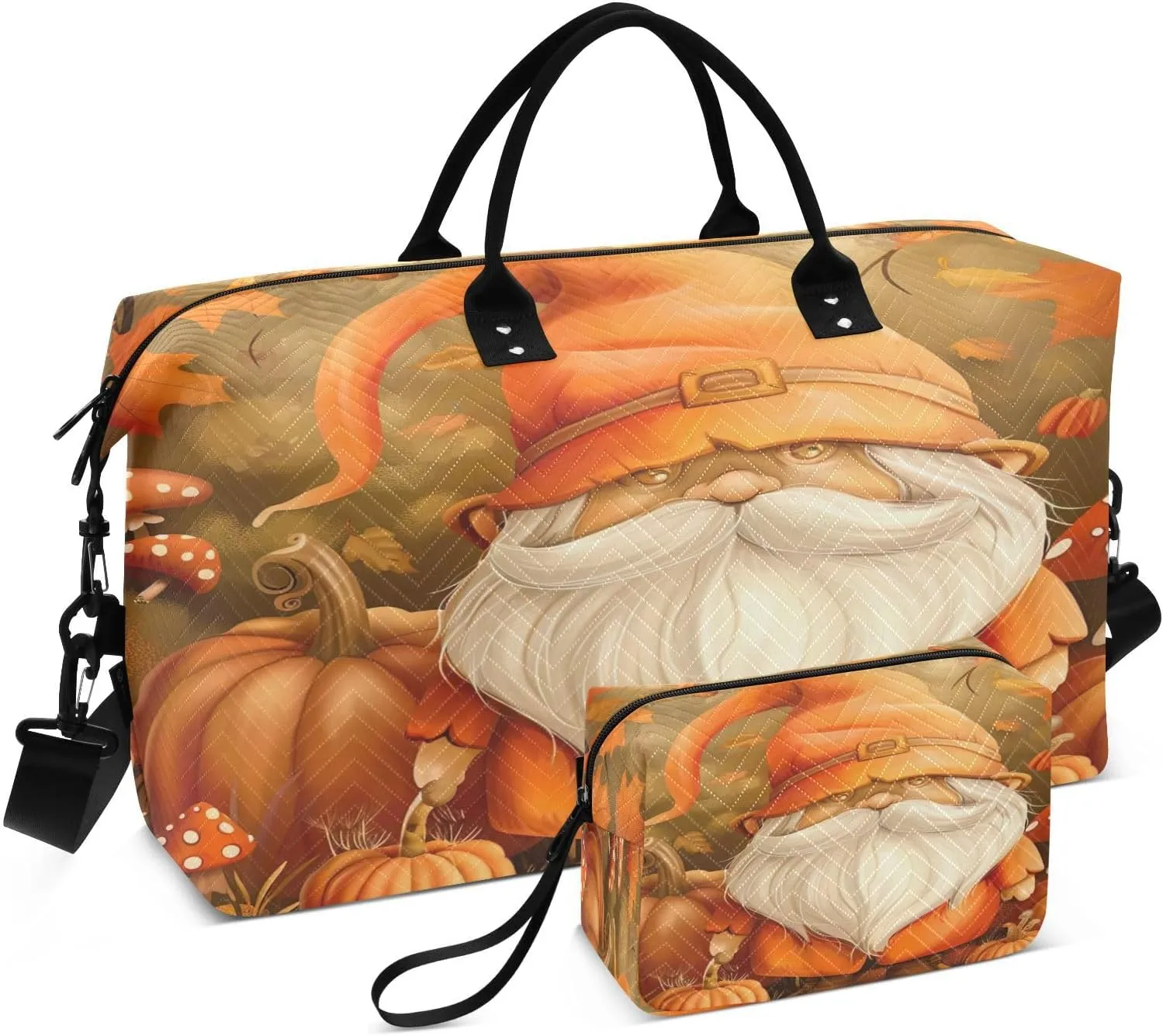 Kigai Thanksgiving Dwarf Old Man Travel Duffel Bags 2PCS,Sports Duffel Bags for Men Women,Weekender Overnight Bag Gym Tote Bag with Toiletry Bag