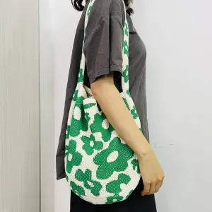 Knitted Single Strap Large Shoulder Tote Bag in Dark Green Flower Designs | 100�rylic / One Size | Handbag