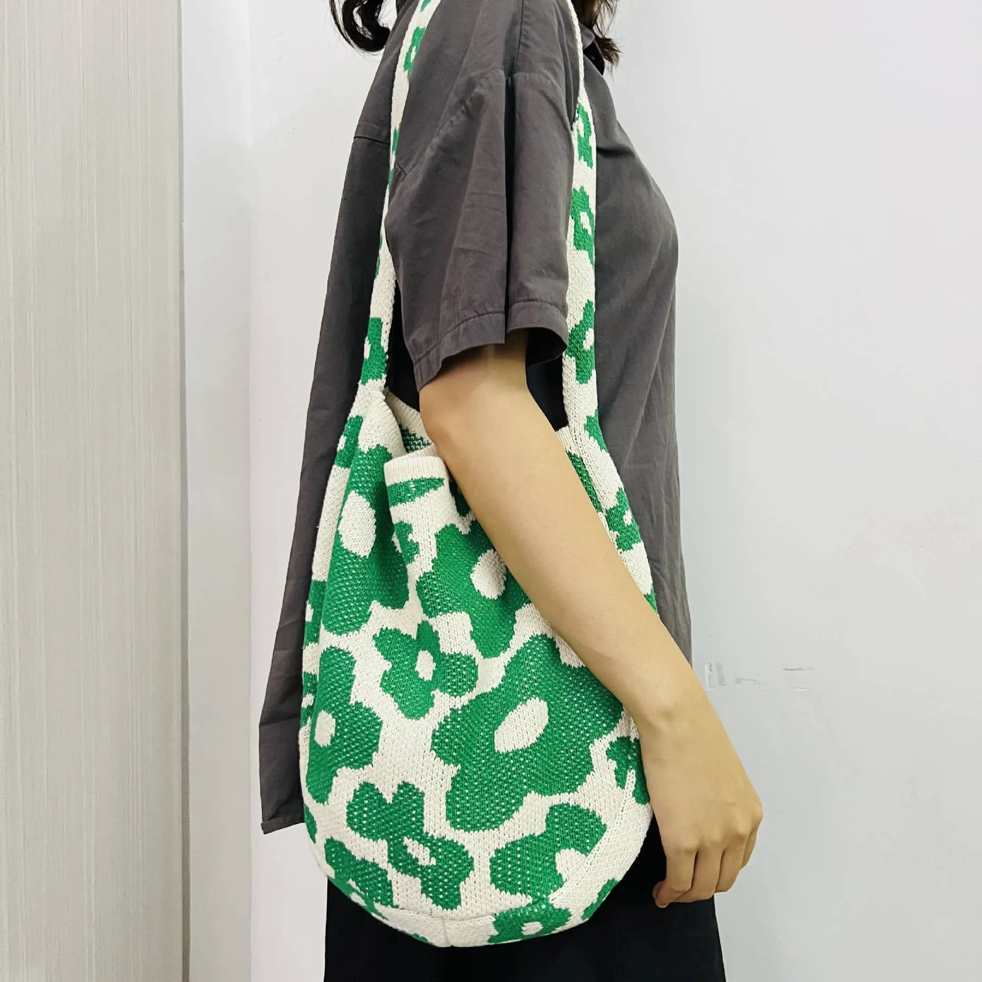 Knitted Single Strap Large Shoulder Tote Bag in Dark Green Flower Designs | 100rylic / One Size | Handbag