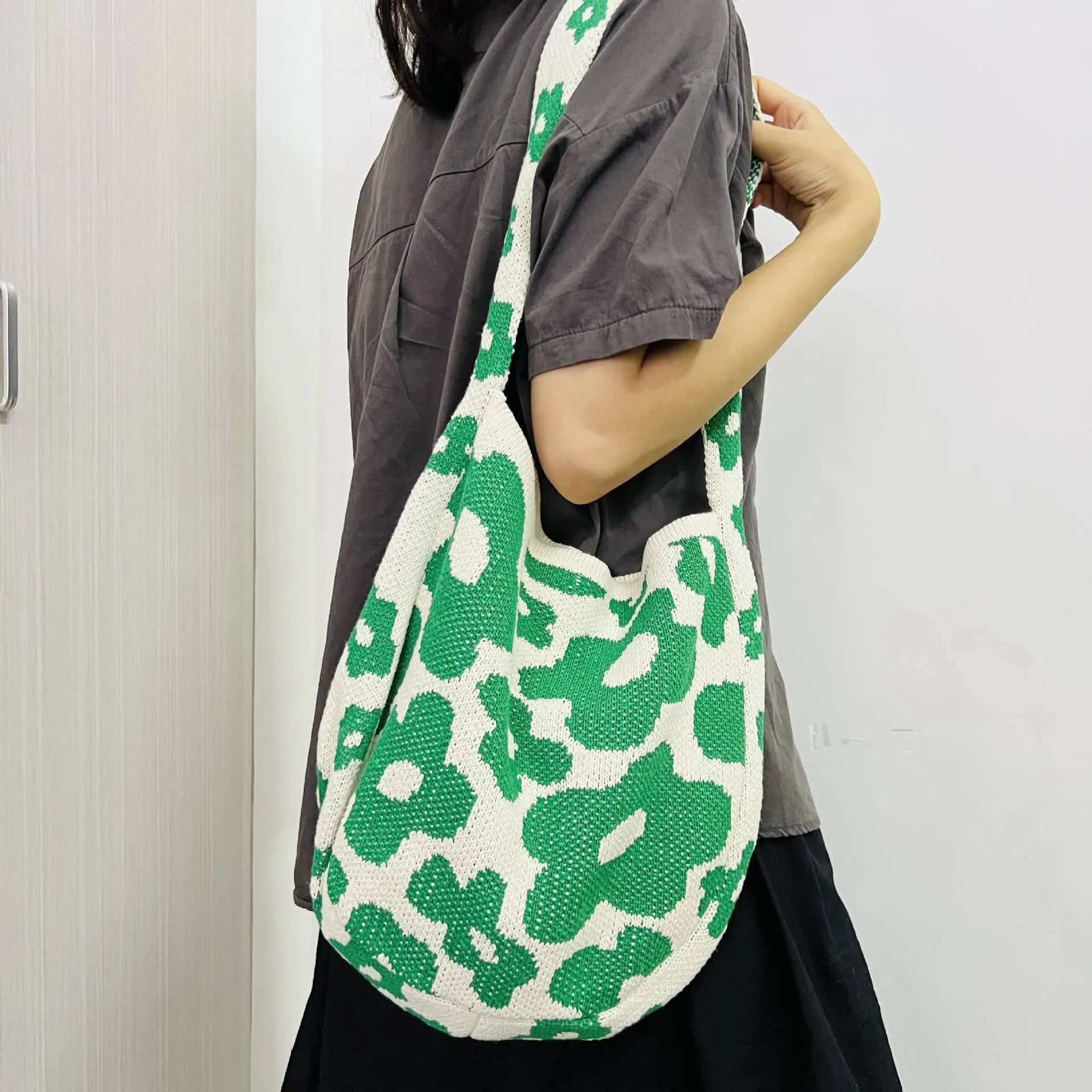 Knitted Single Strap Large Shoulder Tote Bag in Dark Green Flower Designs | 100rylic / One Size | Handbag