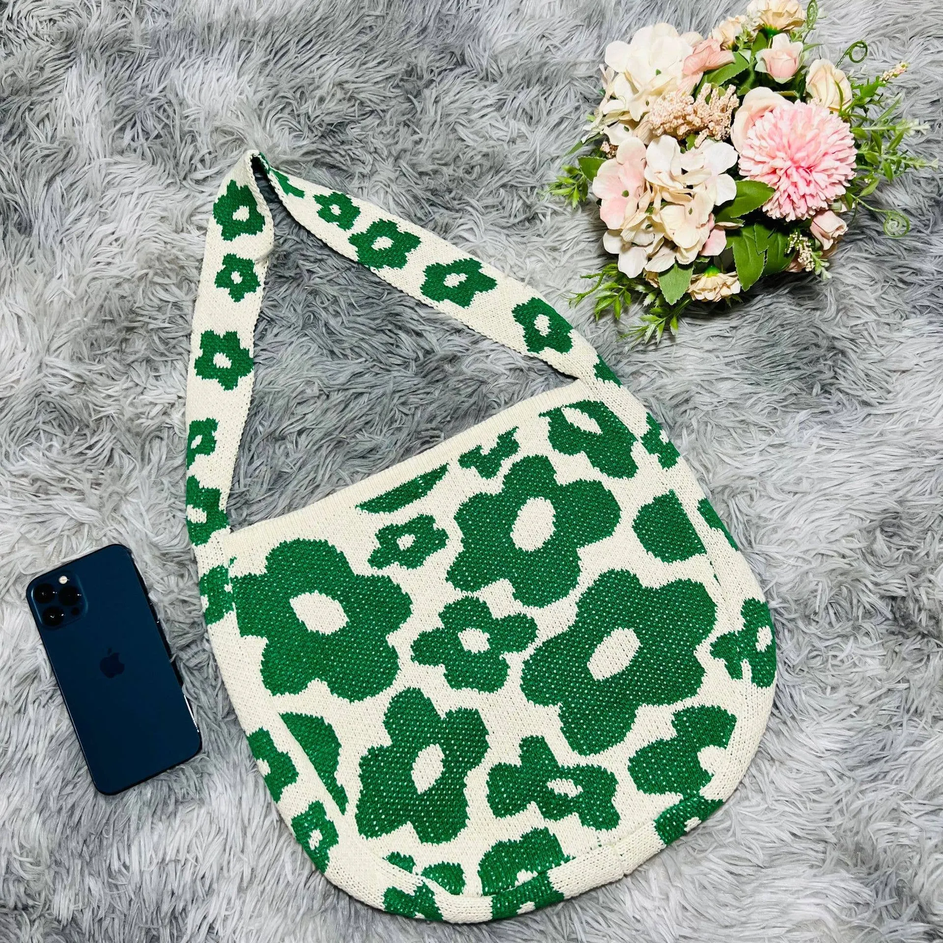 Knitted Single Strap Large Shoulder Tote Bag in Dark Green Flower Designs | 100rylic / One Size | Handbag