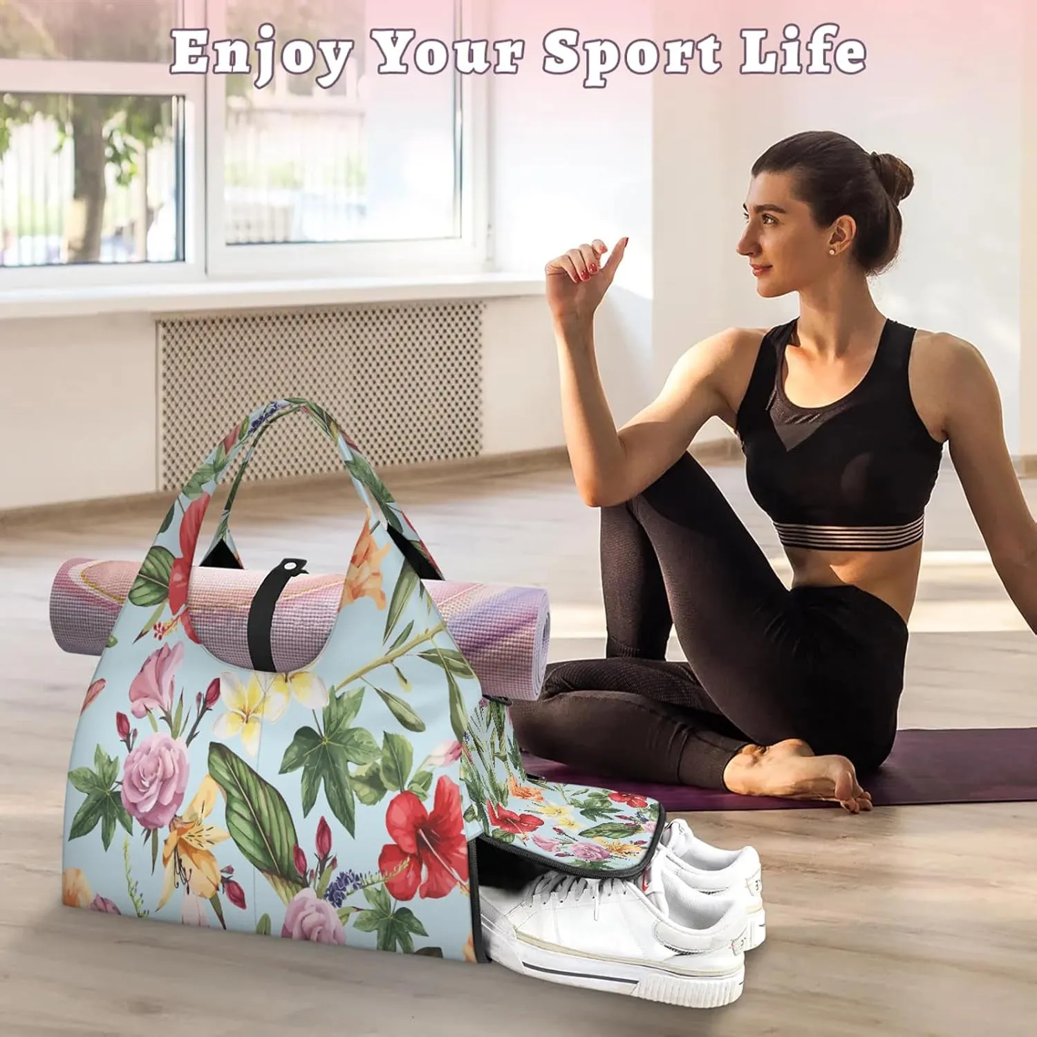 KOBLEN Yoga Gym Bags for Women Duffel Bag with Shoe Compartment and Yoga Mat Portable Weekender Bags for Pilates Travel Offices Workout Beach