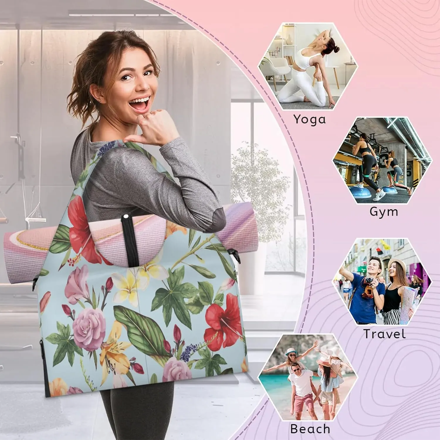 KOBLEN Yoga Gym Bags for Women Duffel Bag with Shoe Compartment and Yoga Mat Portable Weekender Bags for Pilates Travel Offices Workout Beach