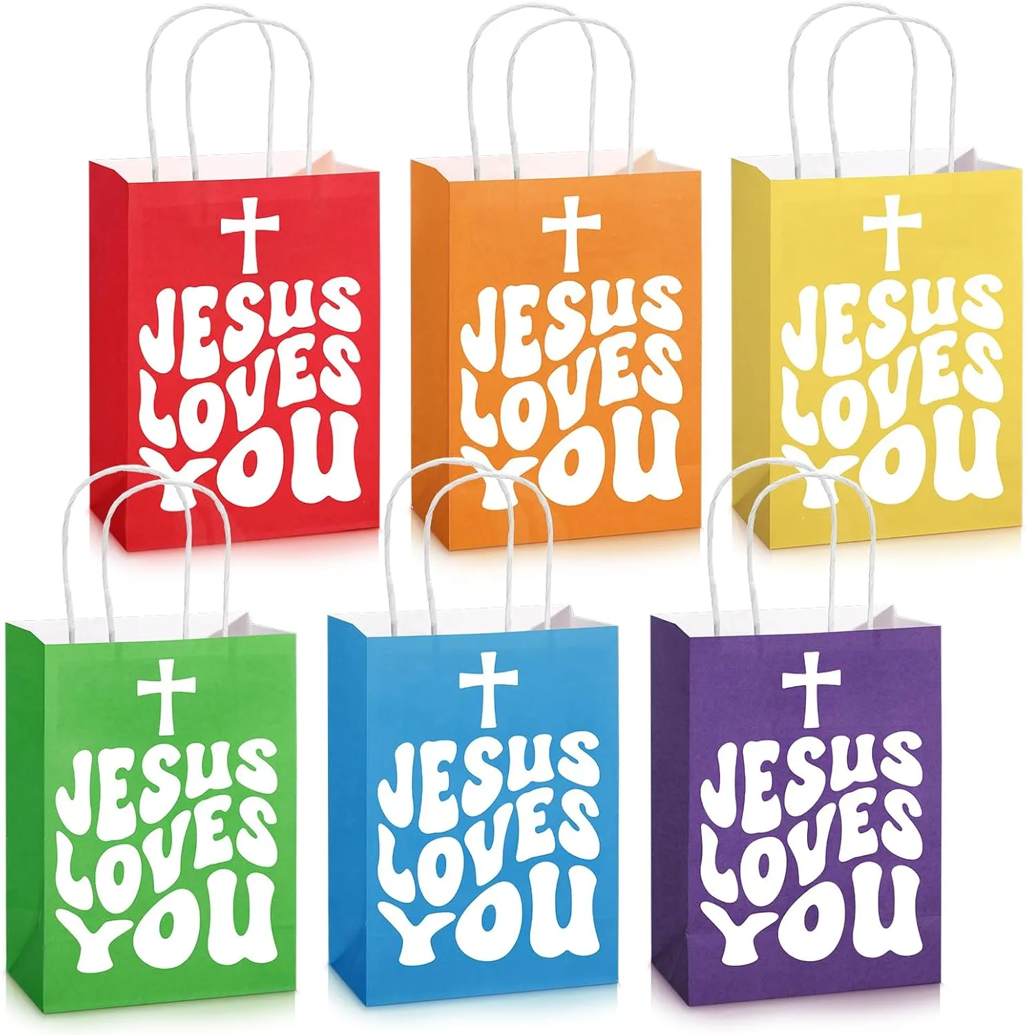 Kolldenn 24 Sets Christian Gift Bulk Jesus Loves You Paper Bags 6 Colors Religious Bible Verse Treat Bags with Handles Inspirational Sunday School Gift for Church Party First Communion Baptism