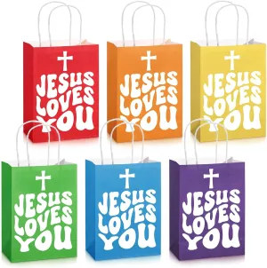 Kolldenn 24 Sets Christian Gift Bulk Jesus Loves You Paper Bags 6 Colors Religious Bible Verse Treat Bags with Handles Inspirational Sunday School Gift for Church Party First Communion Baptism