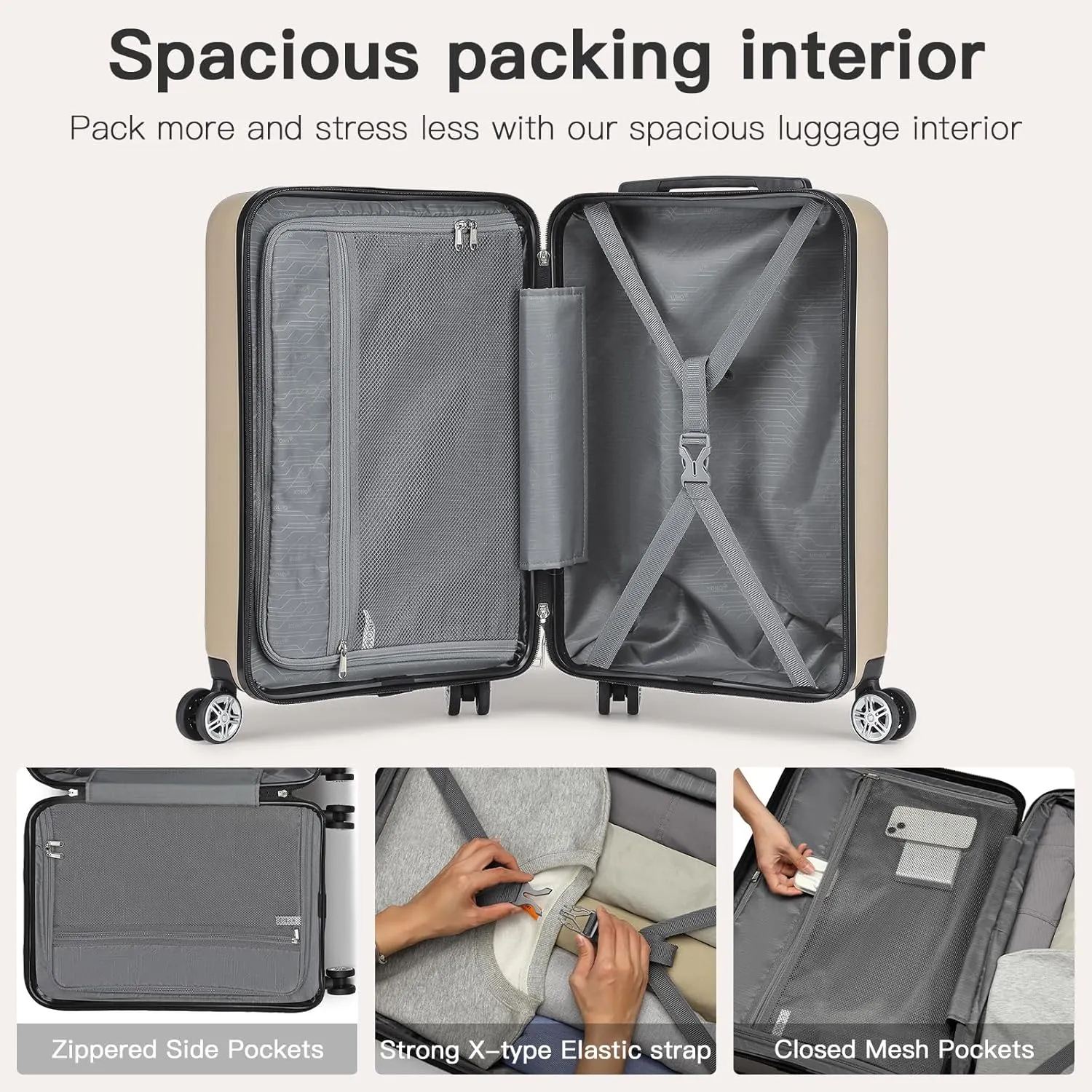 Kono Carry On Luggage 22x14x9 Airline Approved Lightweight Small Travel Suitcase with Spinner Wheels Hard Shell TSA Carry-On Gold