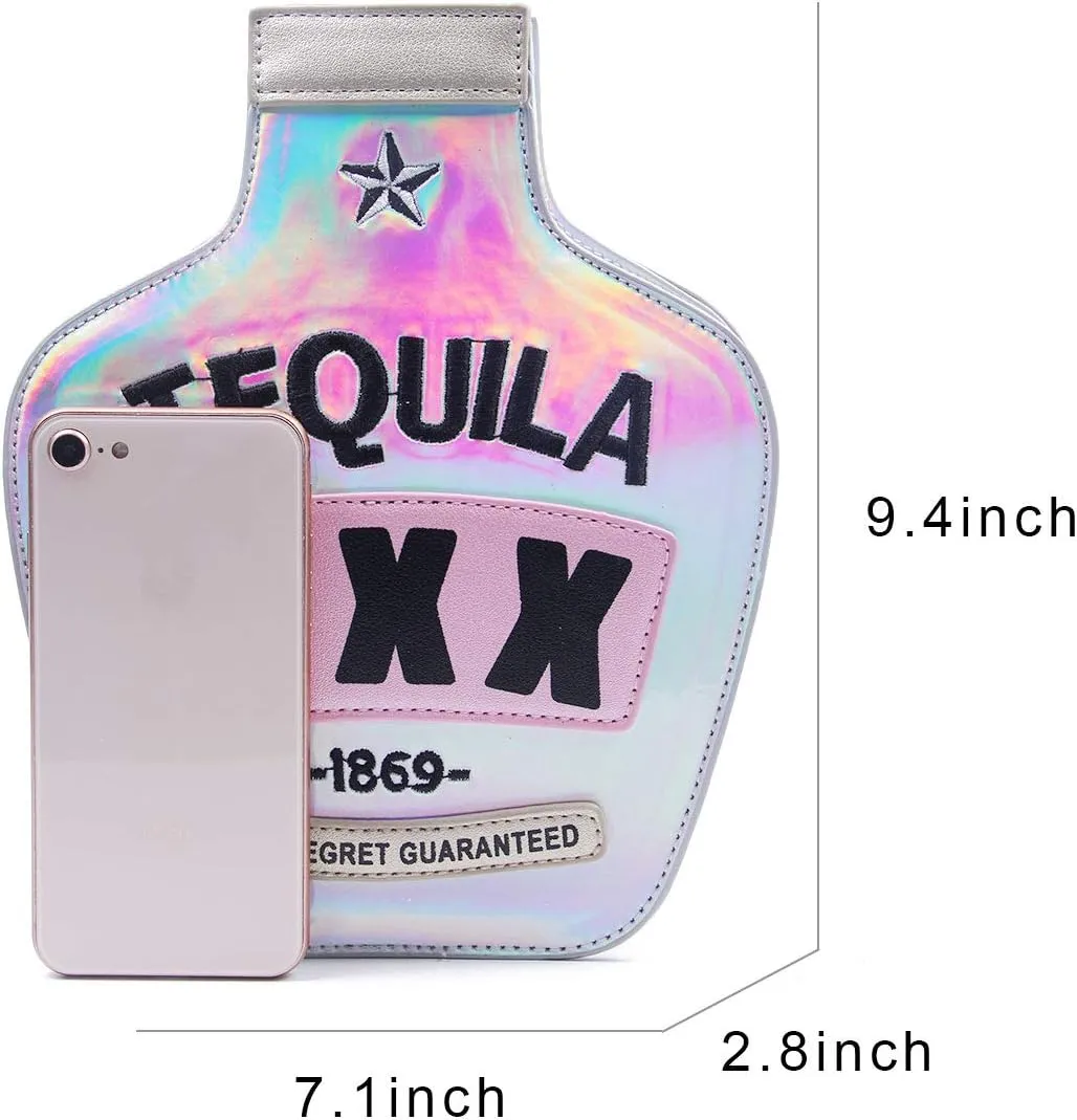 KUANG! Women Sparkling Bottle Shaped Shoulder Bags Elegant Laser Shinny Wine Shape Crossbody Purse Chain Handbags
