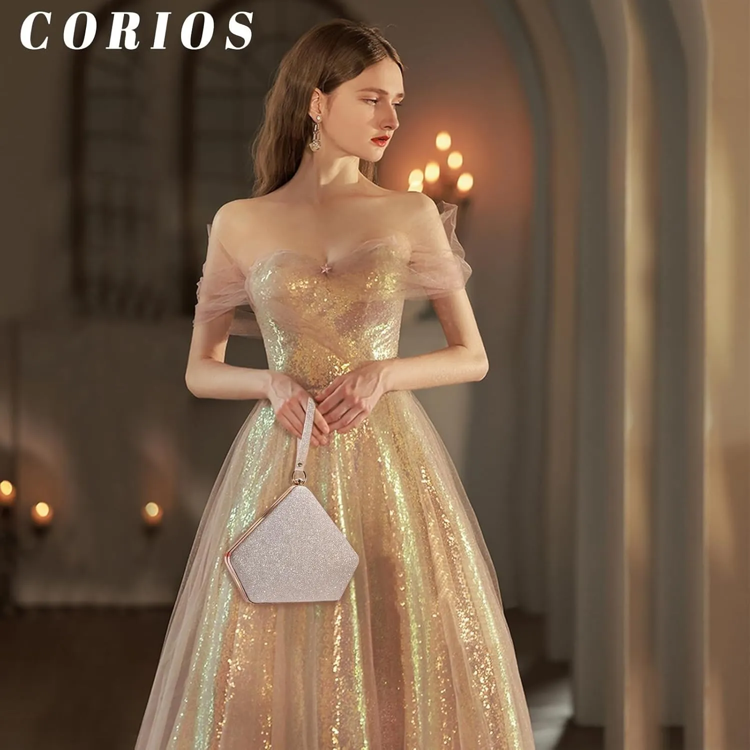 Ladies Sparkly Handbag Elegant Crossbody Glitter Pentagon Shoulder Women Sequin Clutch Bridal Wedding Purse