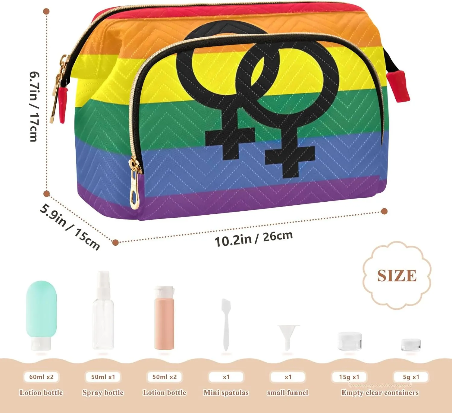 Large Capacity Cosmetic Bags Rainbow Lesbian Pride Flag Sexual Identity Travel Toiletry Bag Makeup Cosmetic Bags with 9-Piece Accessory Set, Cosmetic Bags for Women for Purse