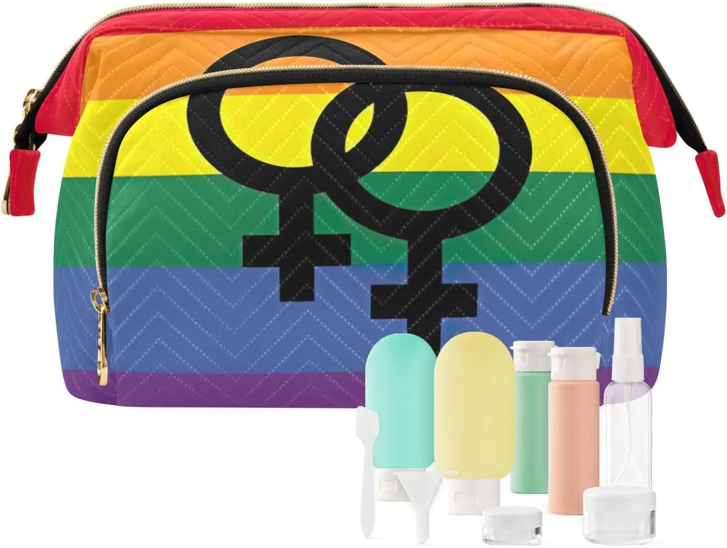 Large Capacity Cosmetic Bags Rainbow Lesbian Pride Flag Sexual Identity Travel Toiletry Bag Makeup Cosmetic Bags with 9-Piece Accessory Set, Cosmetic Bags for Women for Purse