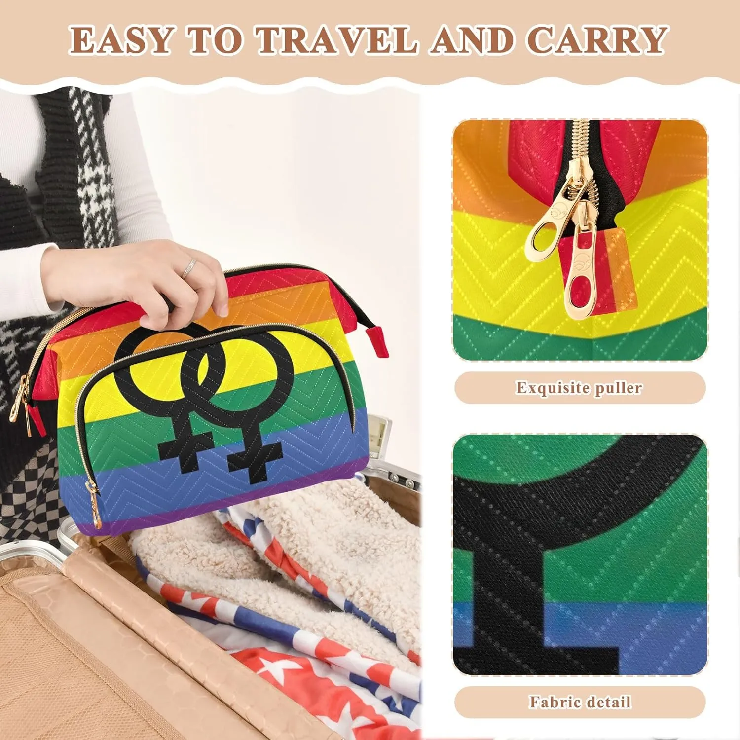 Large Capacity Cosmetic Bags Rainbow Lesbian Pride Flag Sexual Identity Travel Toiletry Bag Makeup Cosmetic Bags with 9-Piece Accessory Set, Cosmetic Bags for Women for Purse
