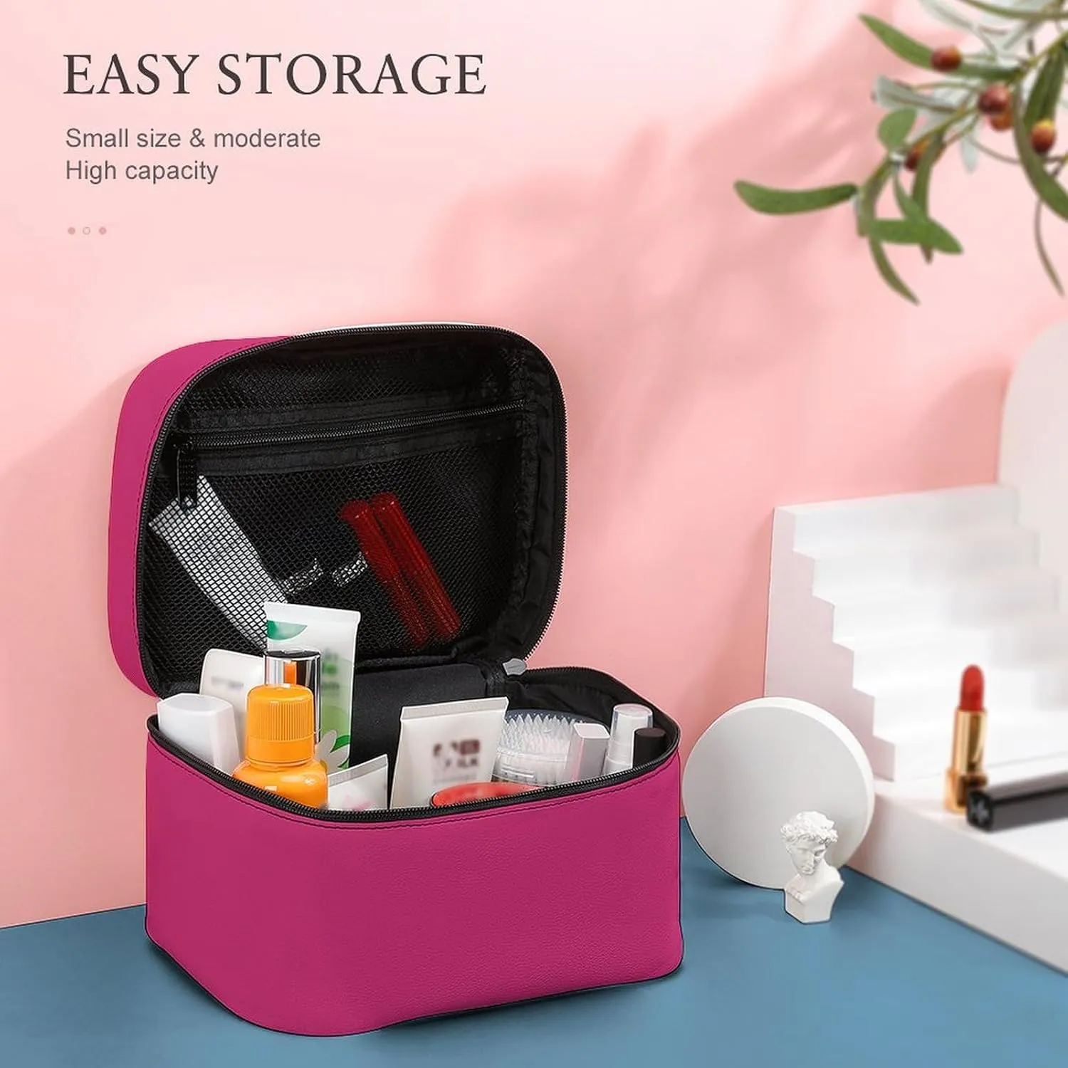 Large Makeup Bag, Modern Colors Bright Magenta Cosmetic Bag for Women Girls, Portable Toiletry Bag, Travel Make Up Organizer Bag
