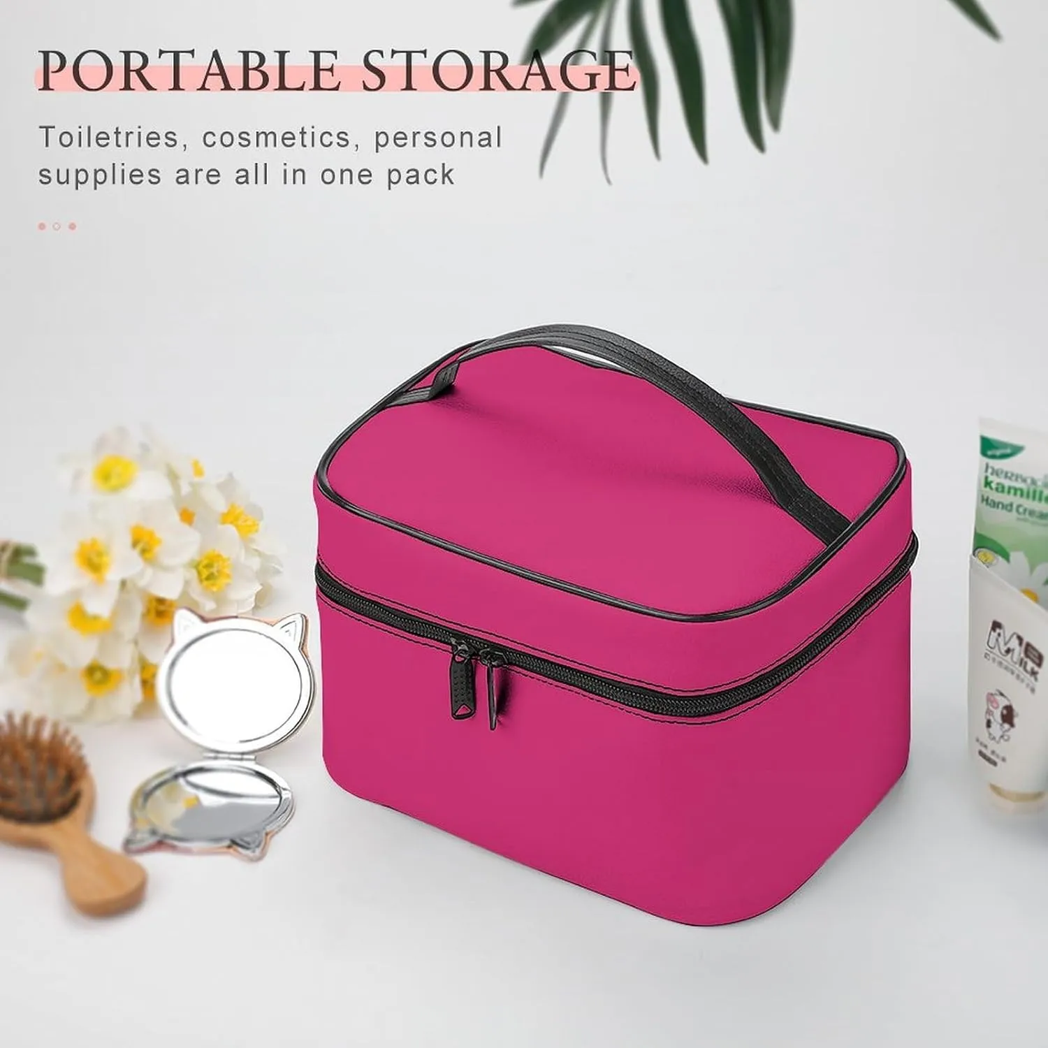 Large Makeup Bag, Modern Colors Bright Magenta Cosmetic Bag for Women Girls, Portable Toiletry Bag, Travel Make Up Organizer Bag