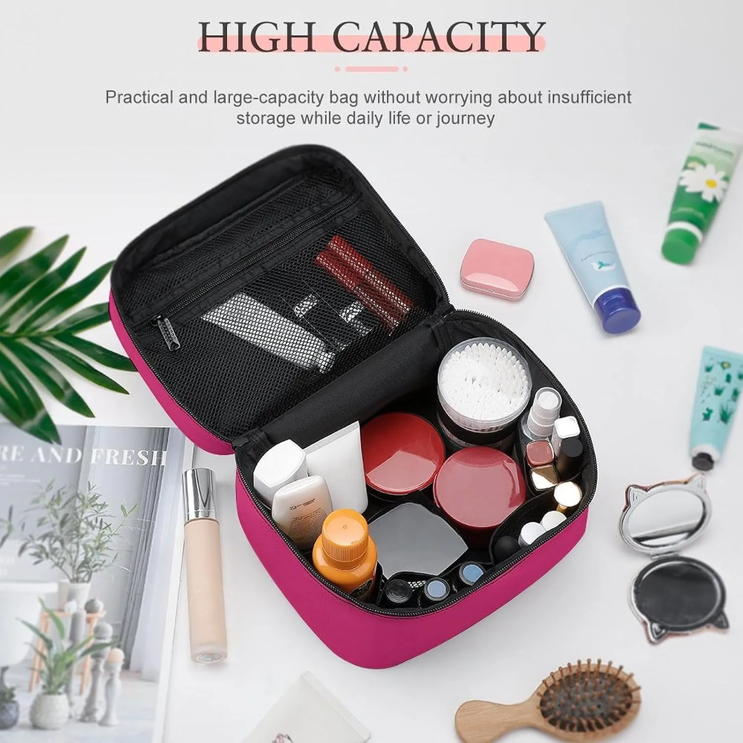 Large Makeup Bag, Modern Colors Bright Magenta Cosmetic Bag for Women Girls, Portable Toiletry Bag, Travel Make Up Organizer Bag