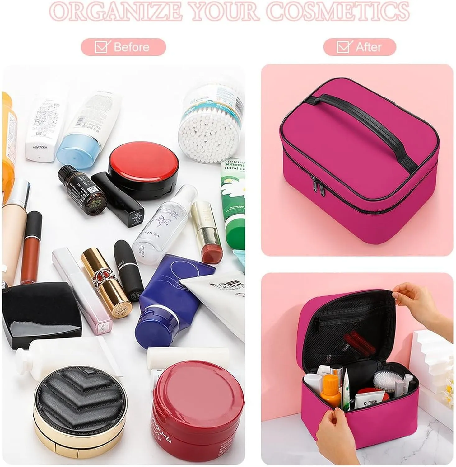 Large Makeup Bag, Modern Colors Bright Magenta Cosmetic Bag for Women Girls, Portable Toiletry Bag, Travel Make Up Organizer Bag