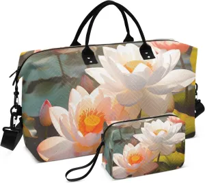 Large Travel Duffel Bag Sports Tote Gym Bag Overnight Weekender Bags White Lotus Pond Carry On Luggage with Toiletry Bags