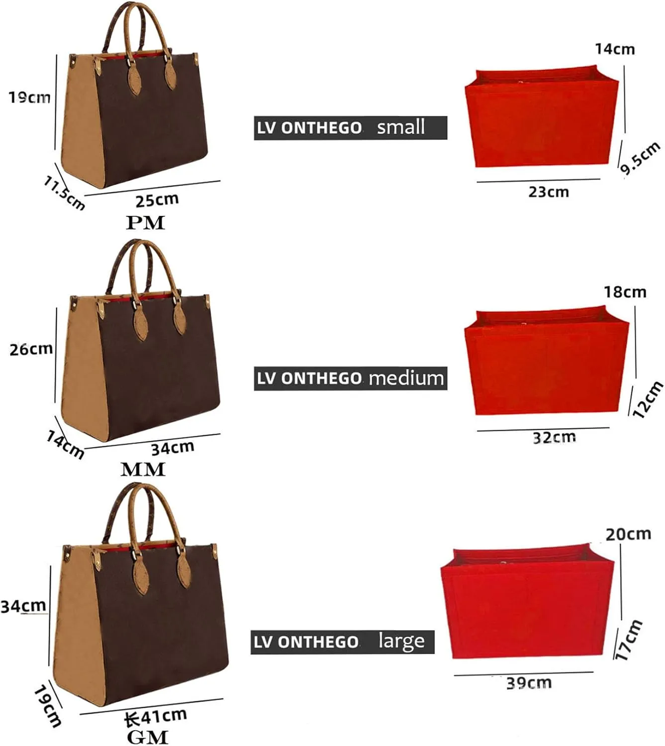 Lckaey Bag Organizer for Onthego MM bag Felt Purse Insert with Detachable Zipper Pocket ONTHEGO Insert Removable1080red -M