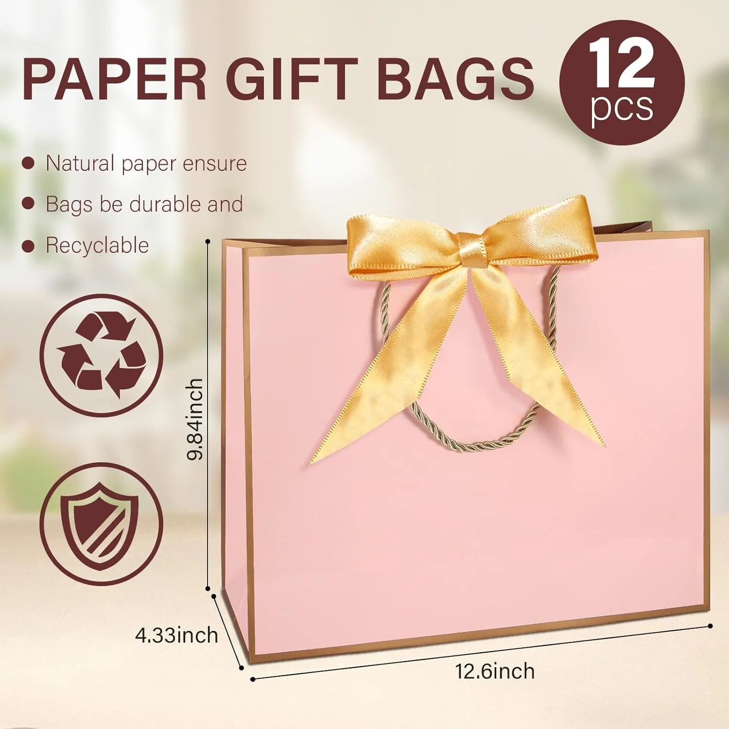 LDIWEE 12 PCS Gift Bags with Handles, 12.6 x 10 x 4.33'' Large Bag with Bow Ribbon Thank You Gift Bags, Ideal for Wedding, Bridesmaid, Mothers Day, Birthday, Baby Shower, Welcome