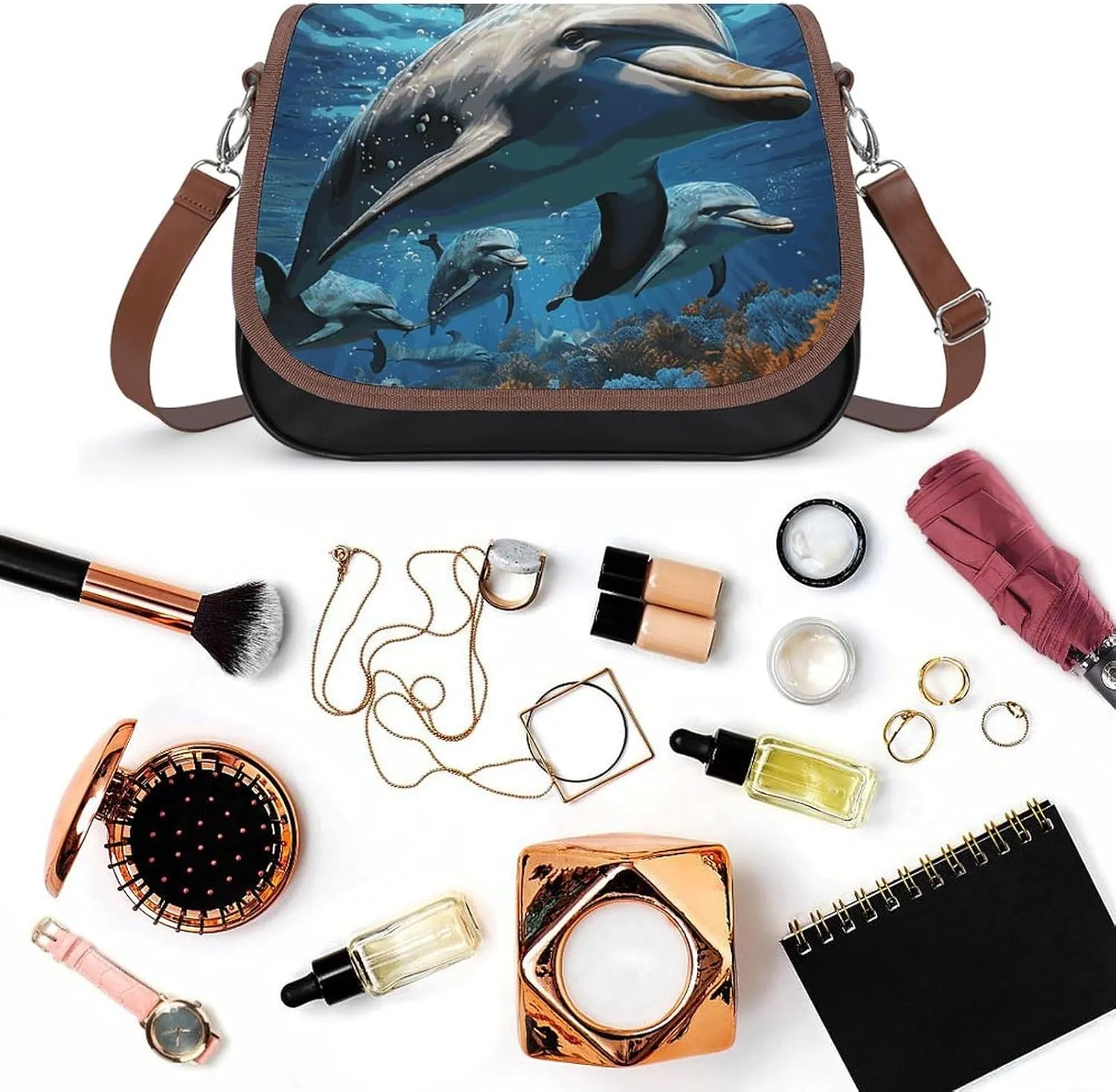 Leather Crossbody Bag for Women Squirrel Eats Nuts Detachable Strap Handbags Travel Purse Shoulder Bags for Daily Use