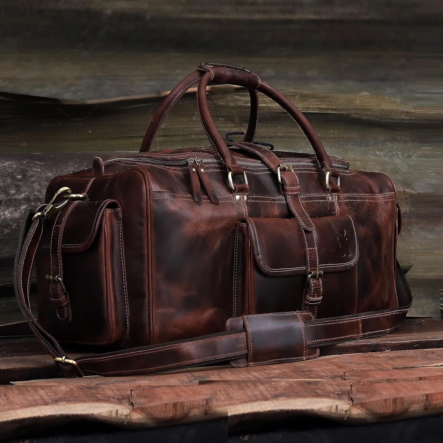 Leather Duffel Bag for Men, Weekender 24" Duffle Gym Bags, Full Grain Underseat Travel Carry-On Bag, Overnight Bag Ideal for Sports, Airplane Luggage by Leather Farm
